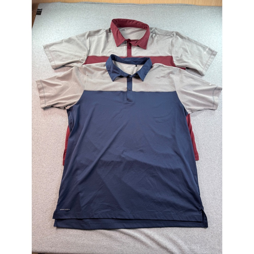 Lot of 2 Columbia Golf Omni-Wick Front Nine Polo Shirts XL Blue/Gray Maroon/Gray